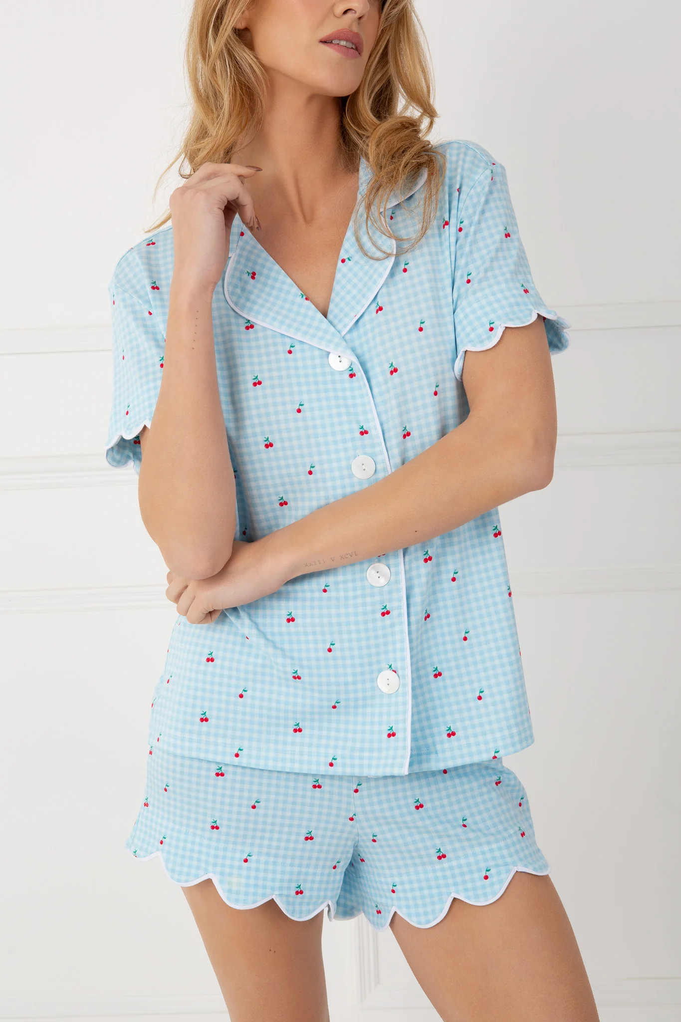 Bamboo Sleepwear Shorts Set (Cherry Check Print) - Image 3