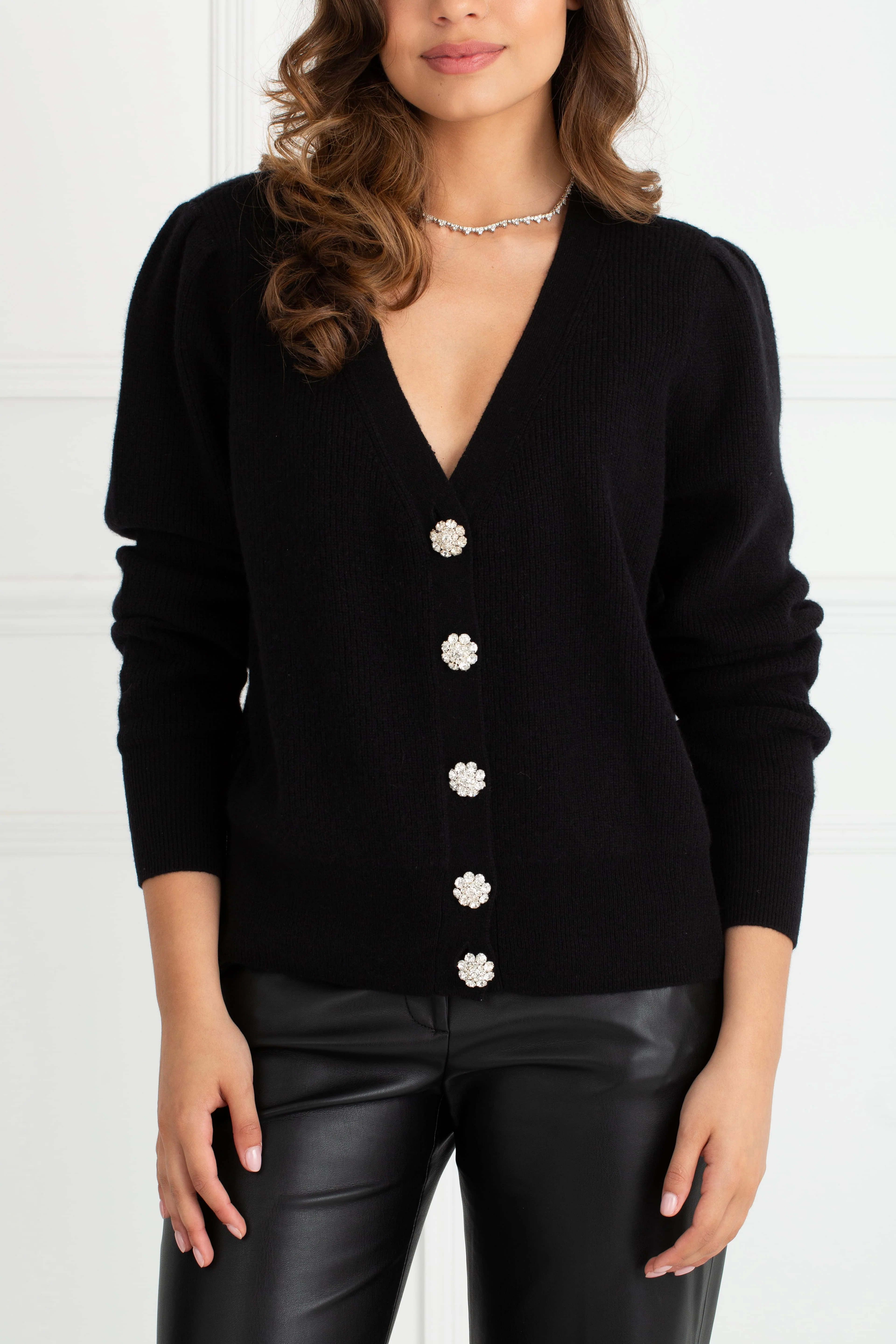 "The Annabelle" - Puff Sleeve Cashmere Cardigan (Black) - Image 3