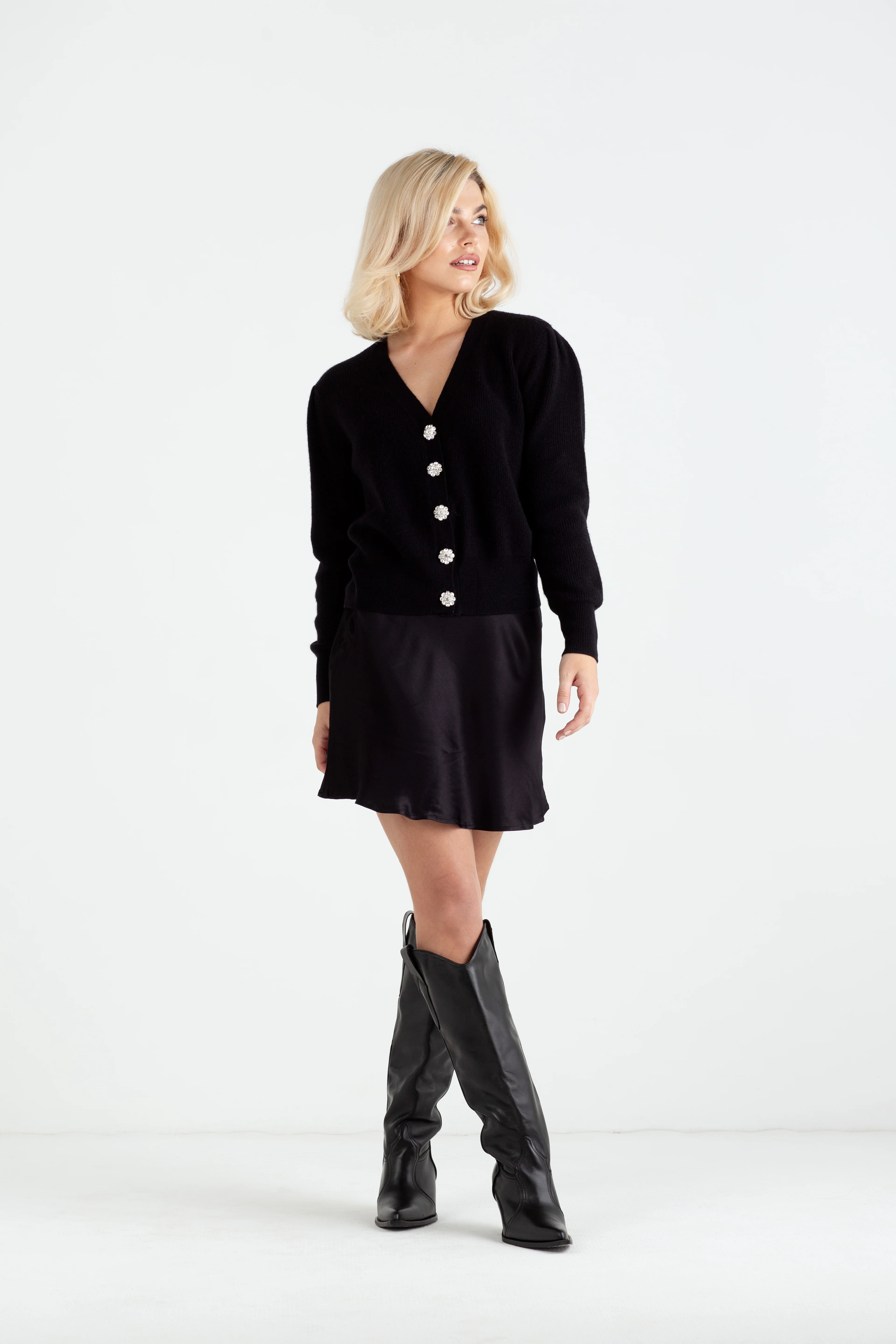 "The Annabelle" - Puff Sleeve Cashmere Cardigan (Black) - Image 4