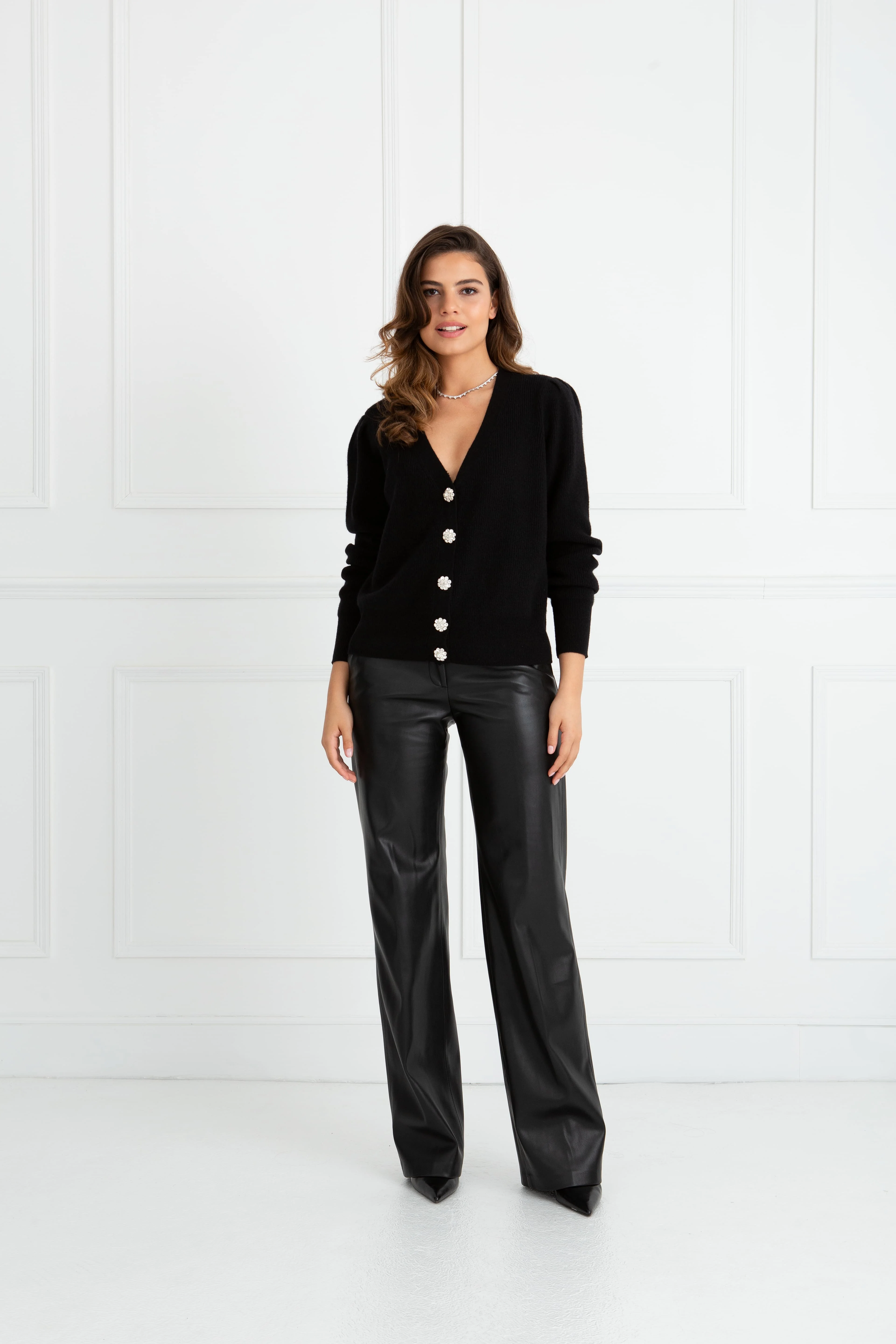 "The Annabelle" - Puff Sleeve Cashmere Cardigan (Black) - Image 6