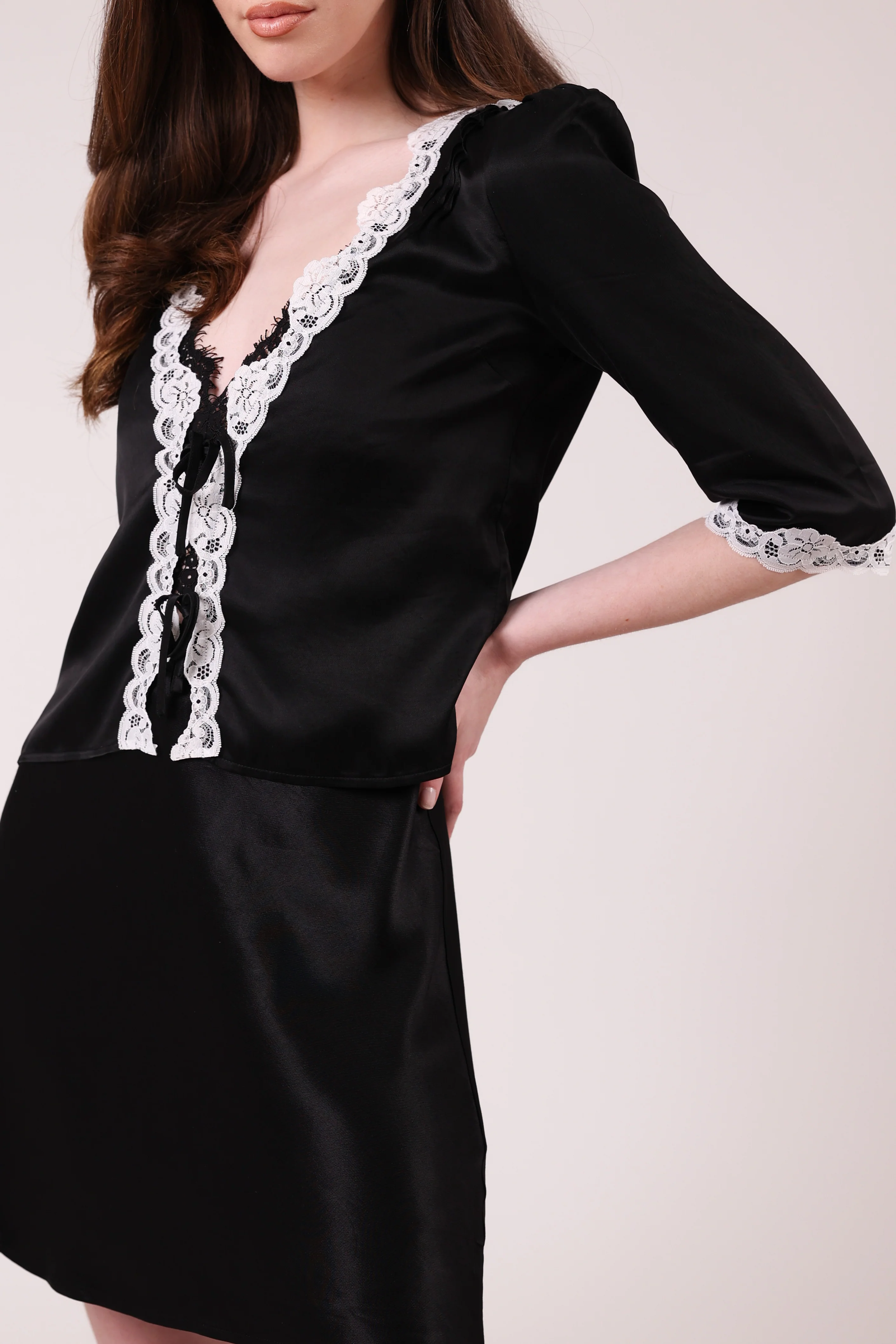 "The Elaine" - Tie Front Blouse (Black) - Image 3