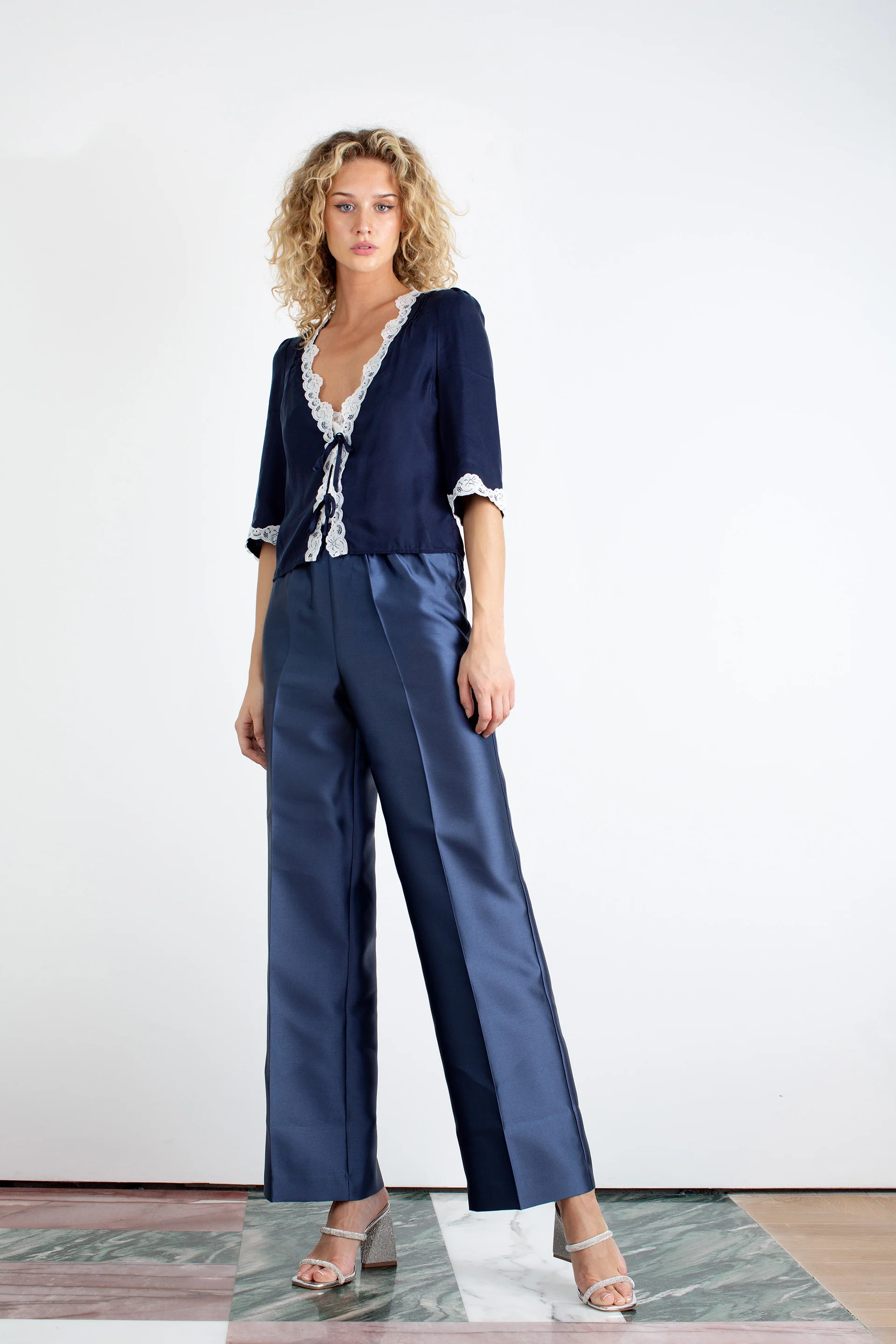 "The Elaine" - Tie Front Blouse (Navy) - Image 5