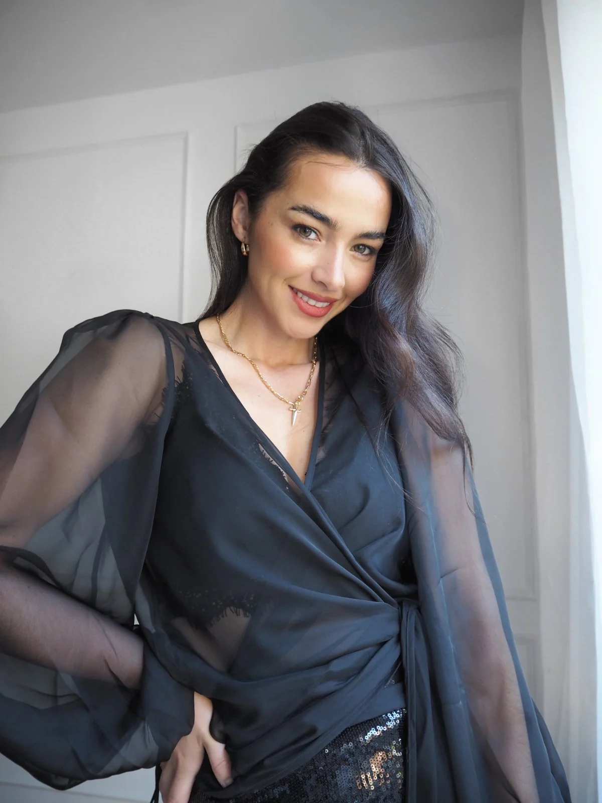 "The Jenny" - Sheer Wrap Blouse (Black) - Image 6