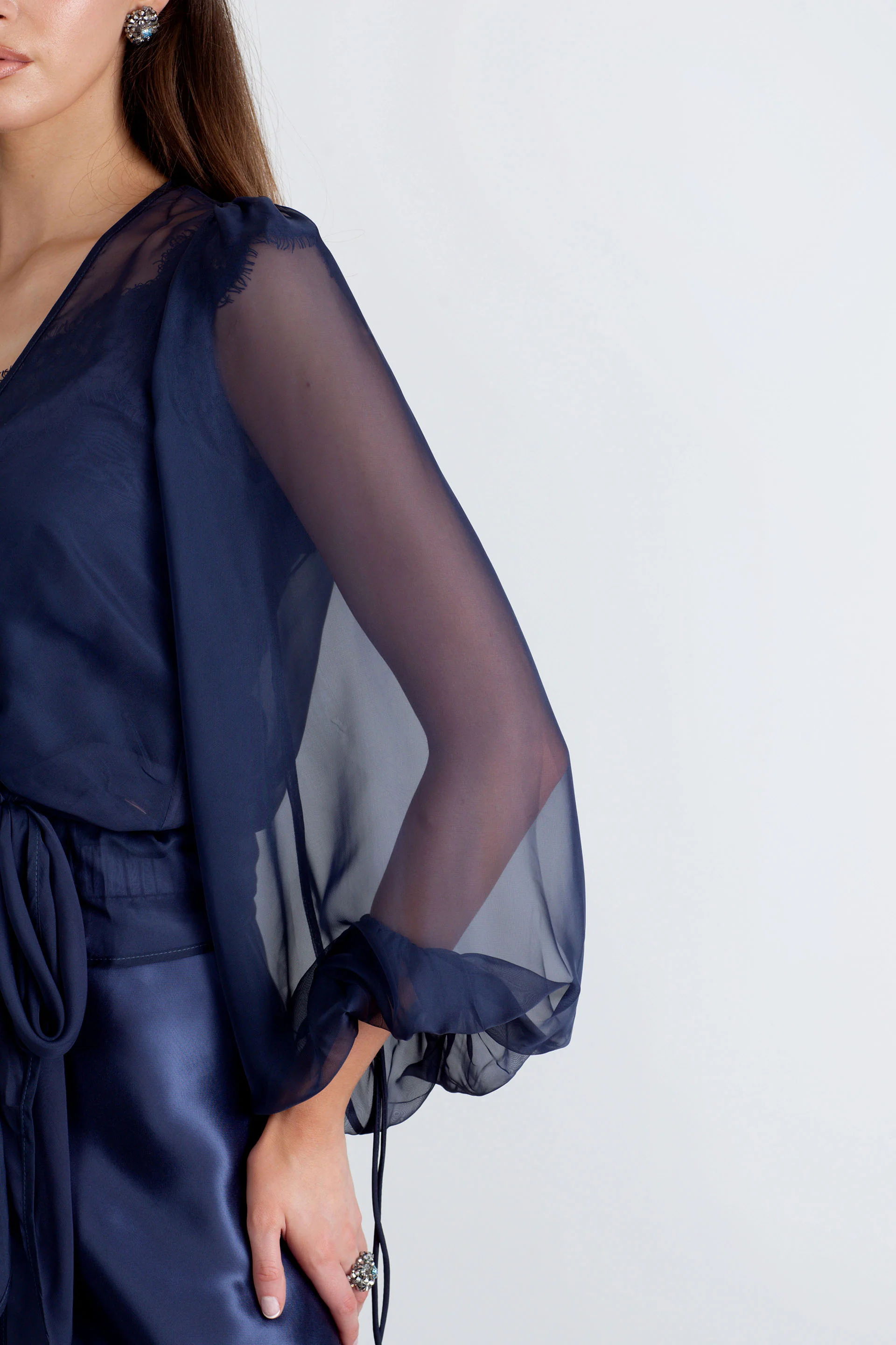 "The Jenny" - Sheer Wrap Blouse (Navy) - Image 4