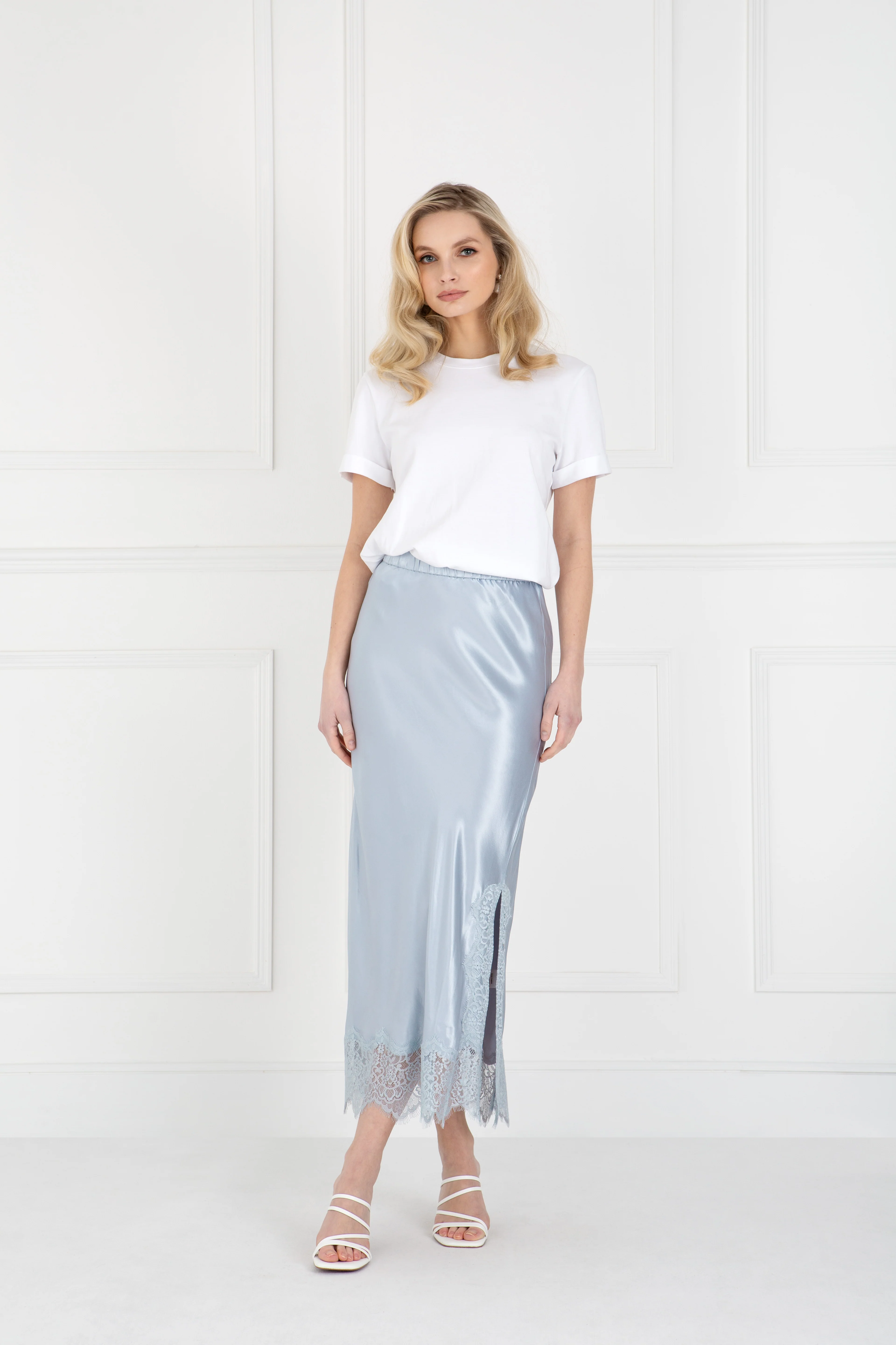 "The Orla" - Satin Lace Midi Skirt (Blue) - Image 3