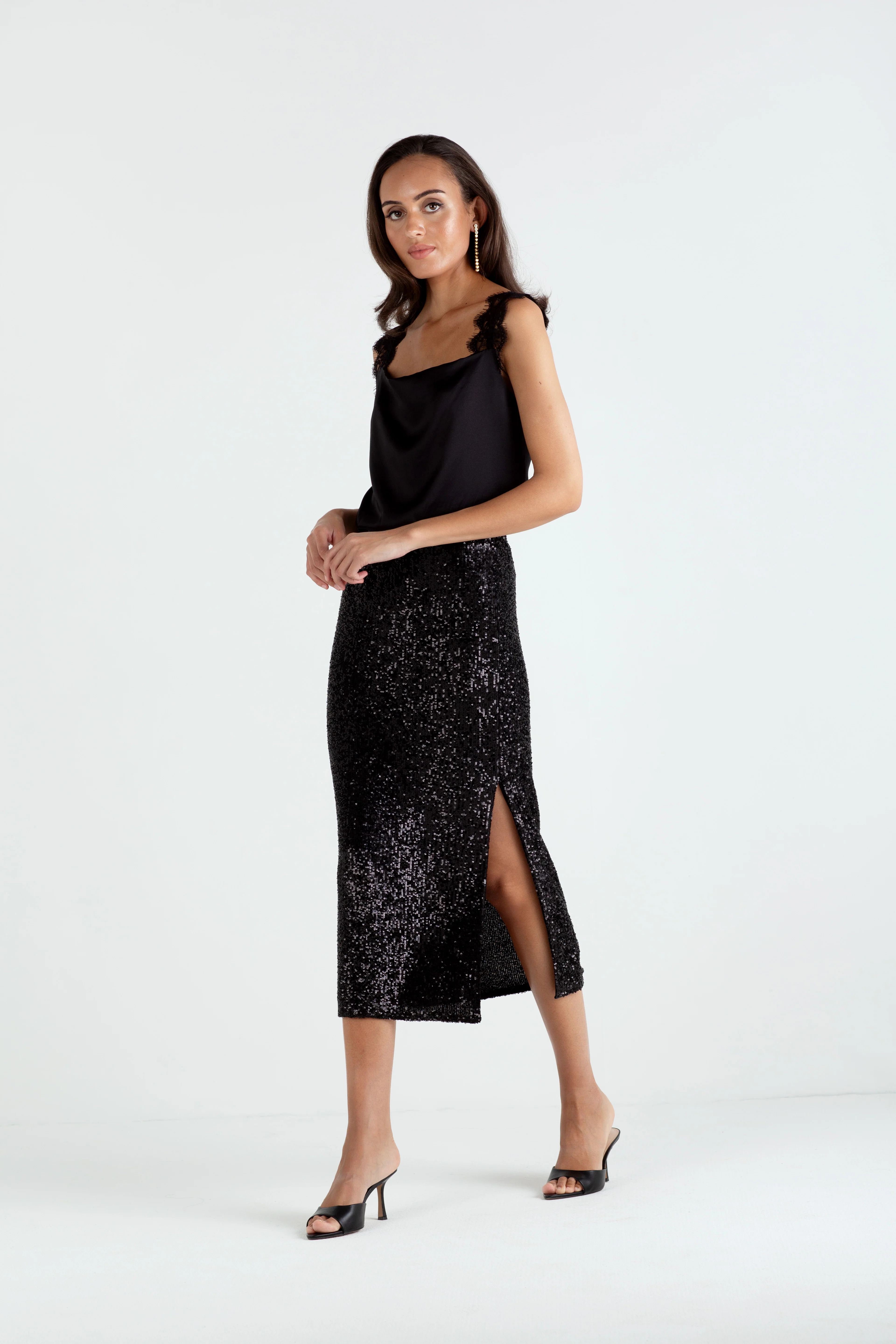 "The Orla" - Sequin Midi Skirt (Black) - Image 3