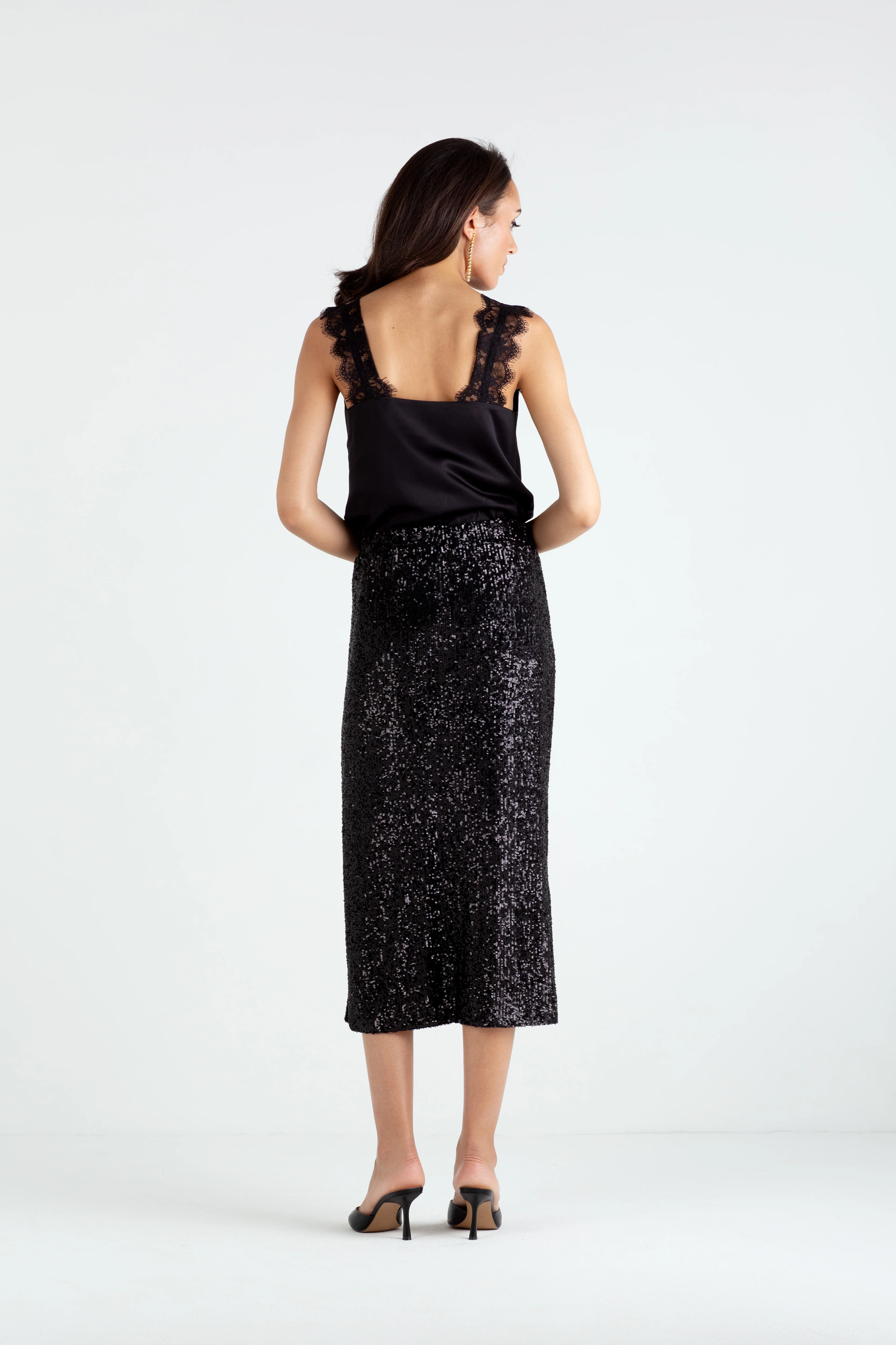 "The Orla" - Sequin Midi Skirt (Black) - Image 4
