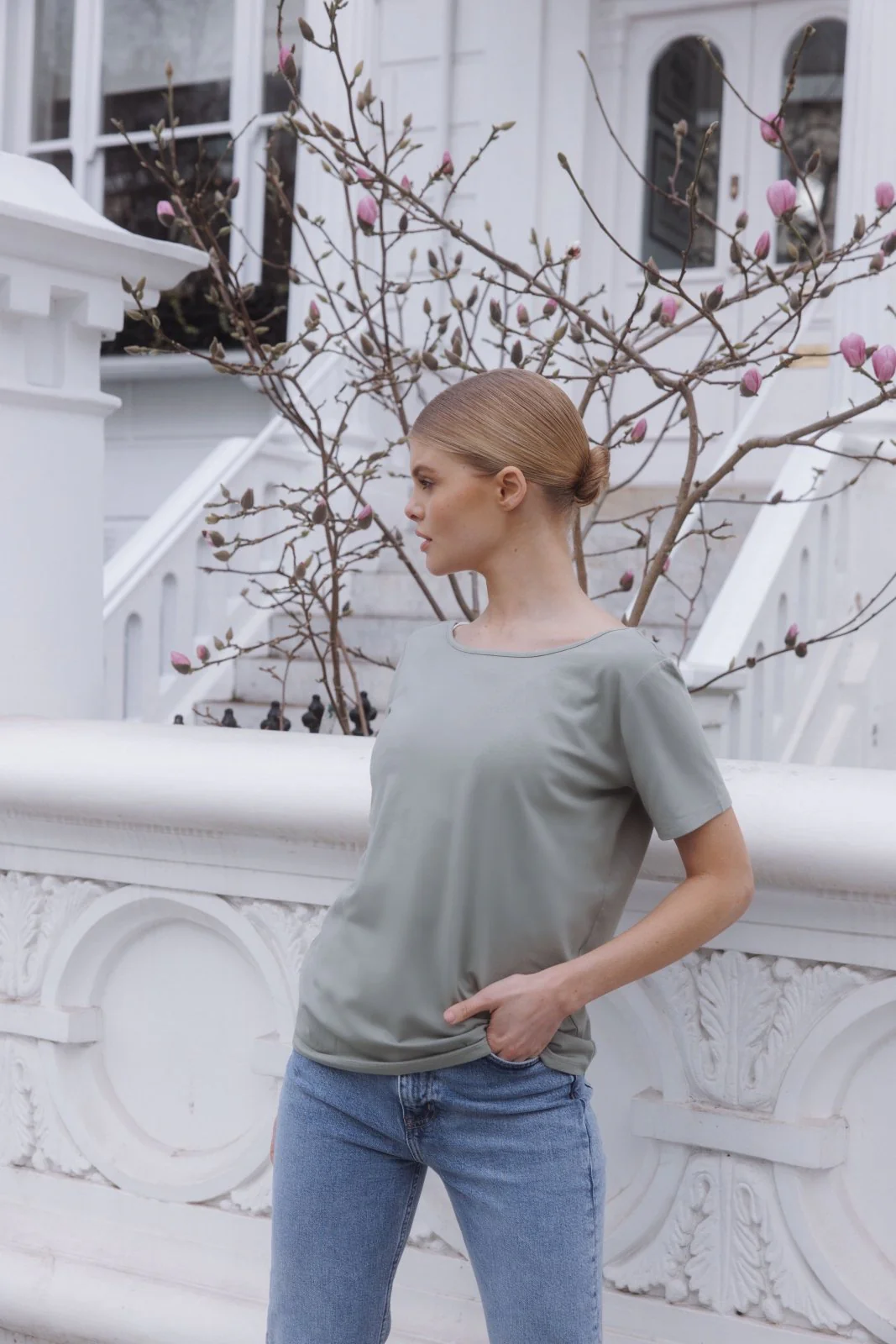 "The Sophie" - Lace Back Detail Round Neck T-shirt (Pistachio) - Image 4