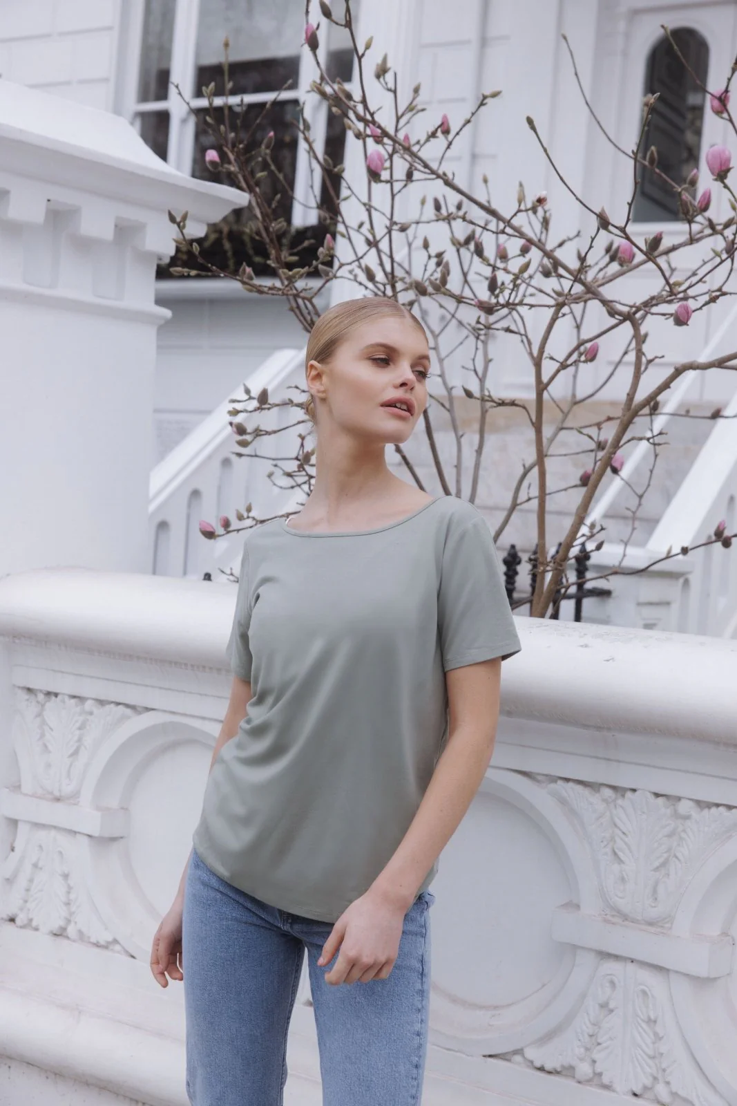 "The Sophie" - Lace Back Detail Round Neck T-shirt (Pistachio) - Image 9