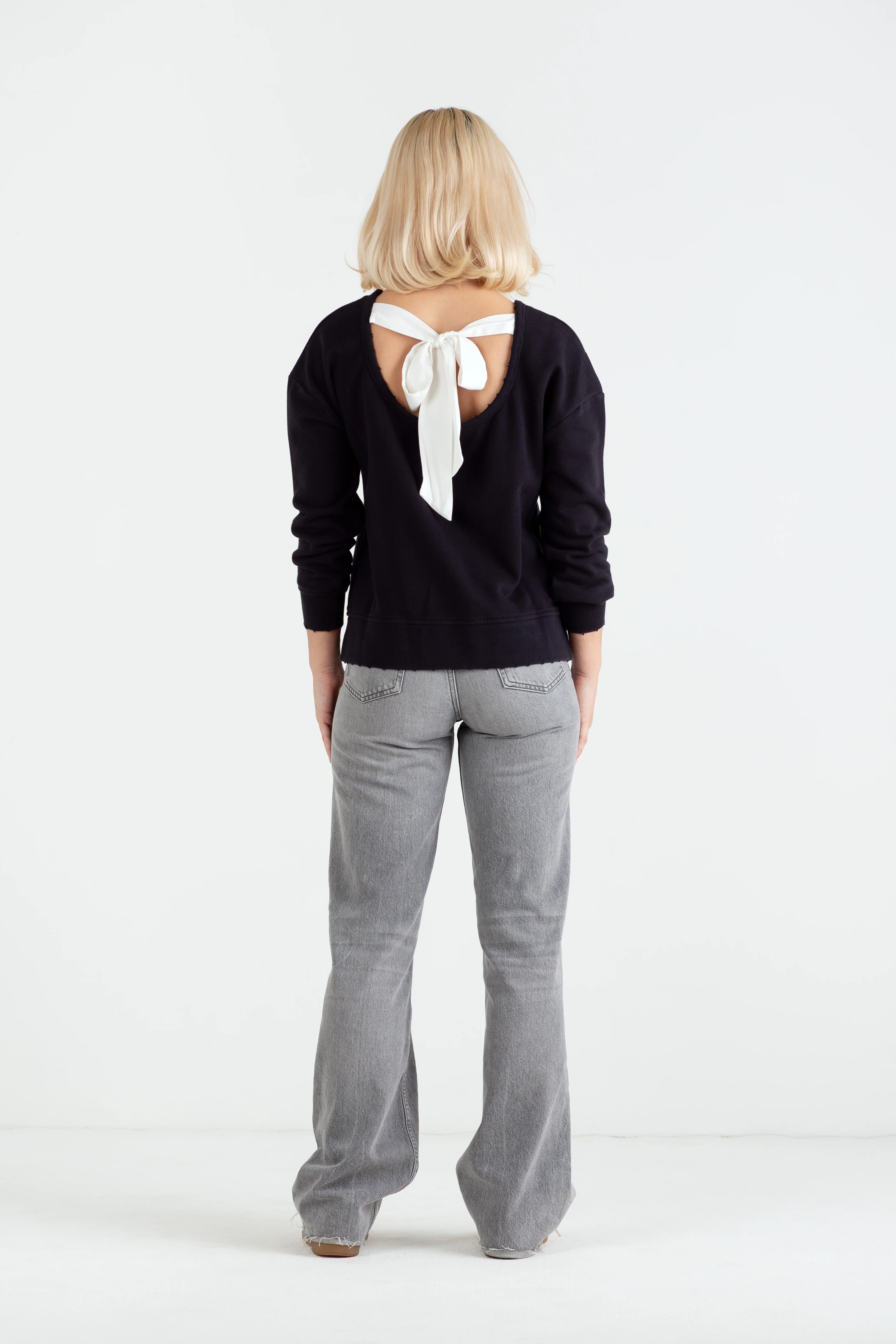 "The Victoria" - Bow Neck Detail Sweatshirt (Black with White Bow) - Image 4